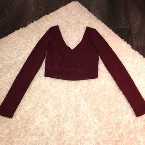 burgundy red deep v neck long sleeve crop top